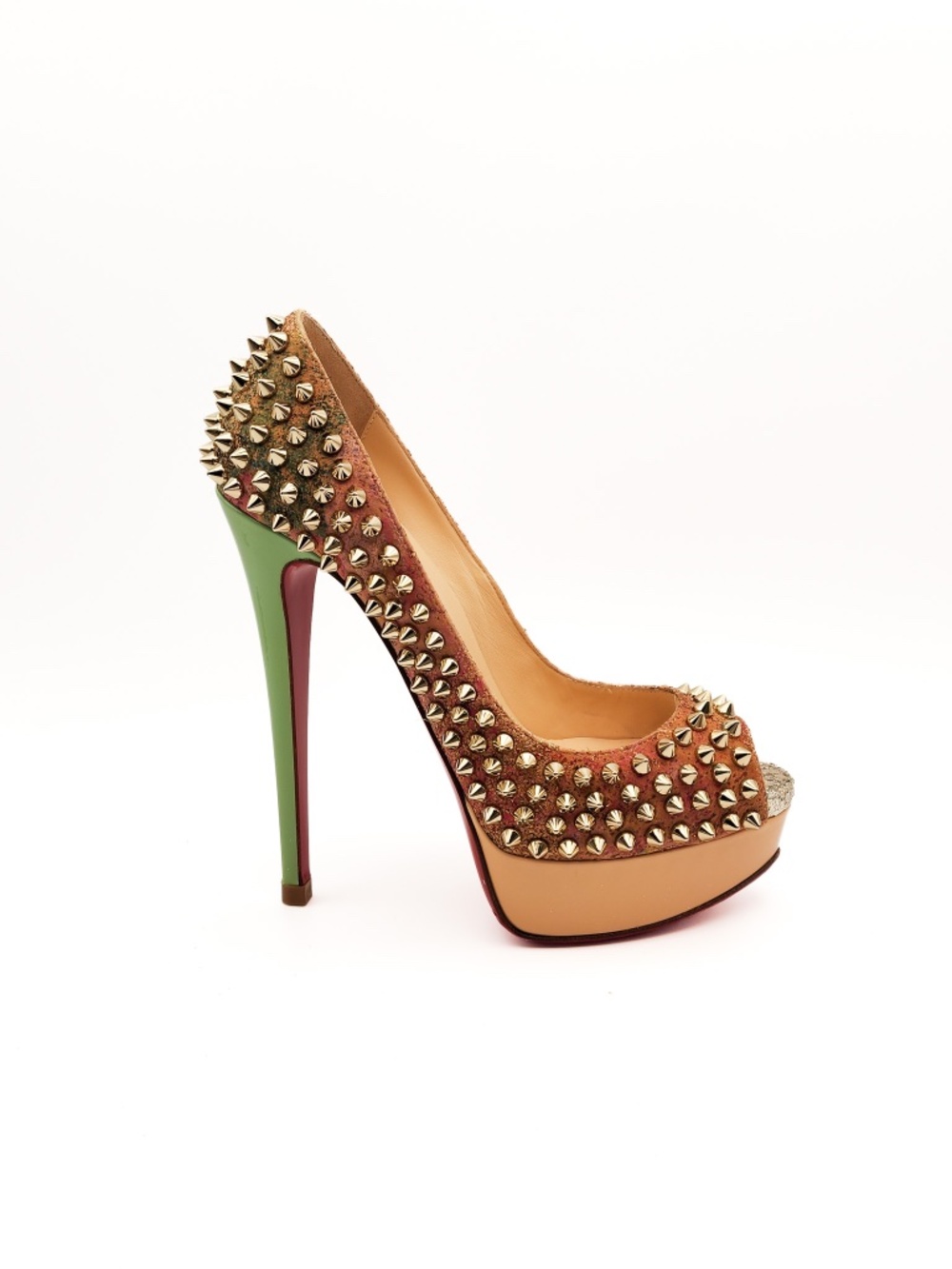Christian Louboutin Fetish Peep 150 Cork Pastel Studded Platform Pumps EU 36.5